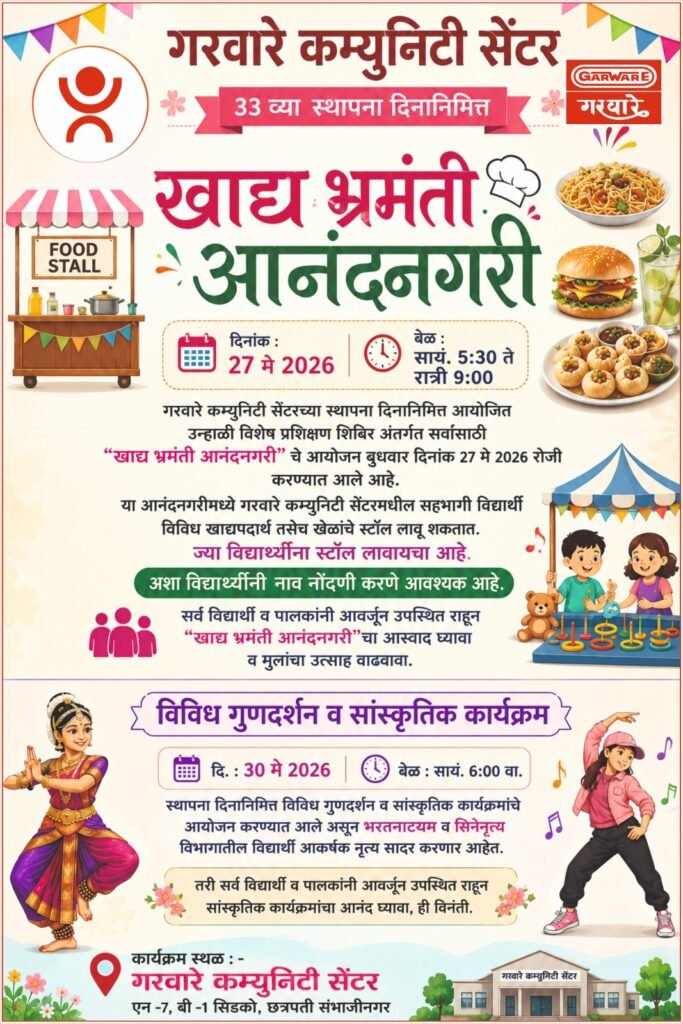 गरवारे कम्युनिटी सेंटरतर्फे “खाद्य भ्रमंती आनंदनगरी” व सांस्कृतिक कार्यक्रमांचे आयोजन
